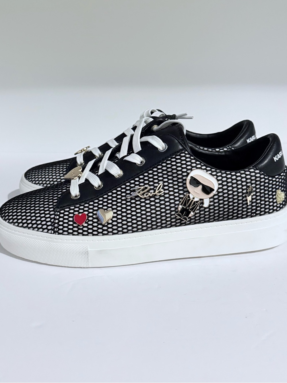Karl Lagerfeld Black & White Mesh Charm Platform Sneakers